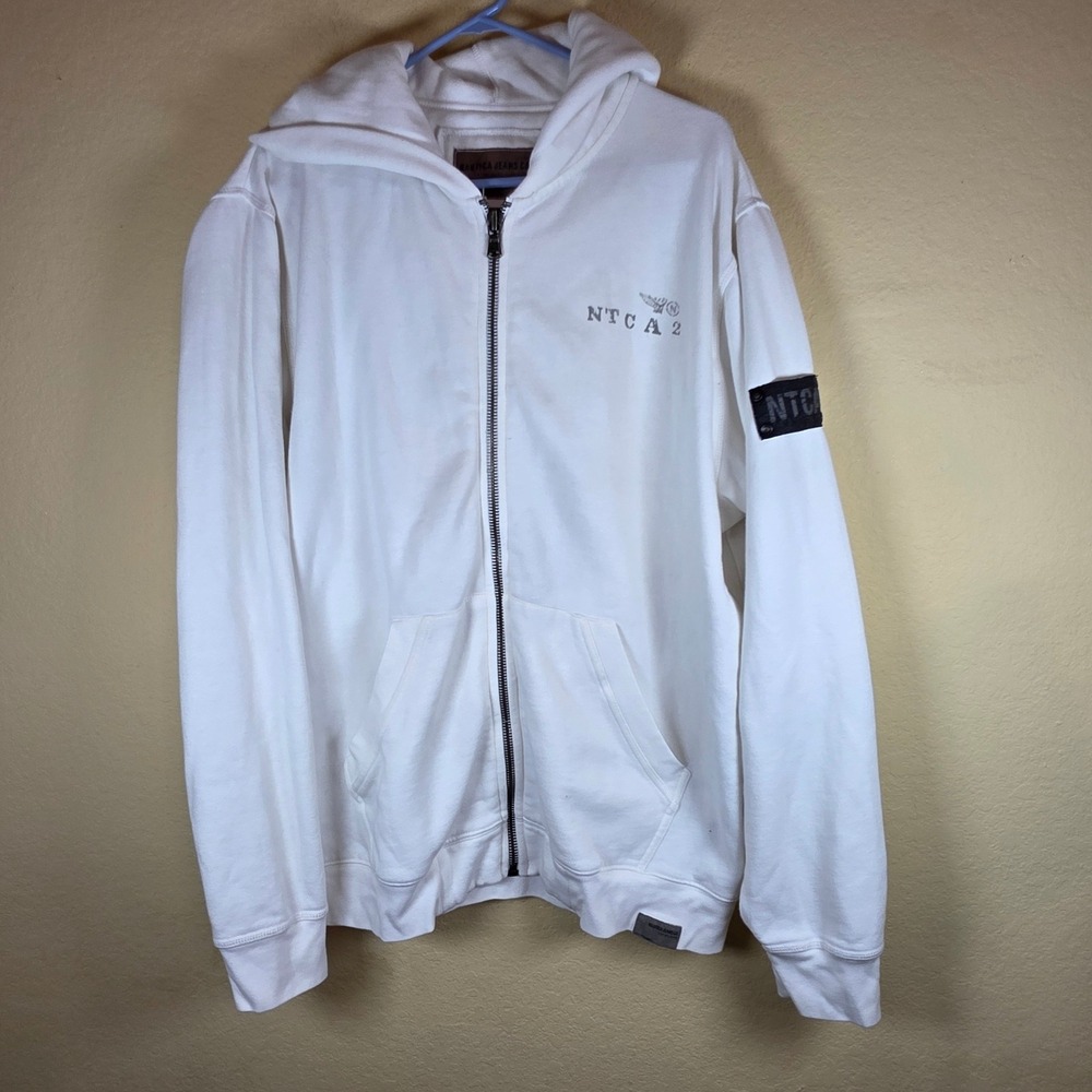 vntge Y2K Nautica Jeans Co Mens White Full Zip Hoodie NTCA Graphic Back Patch XL